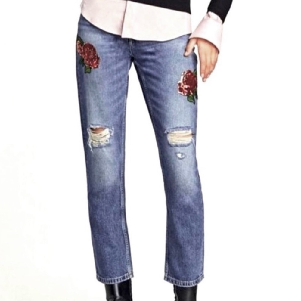 Zara sequin embroidered rose mom jeans